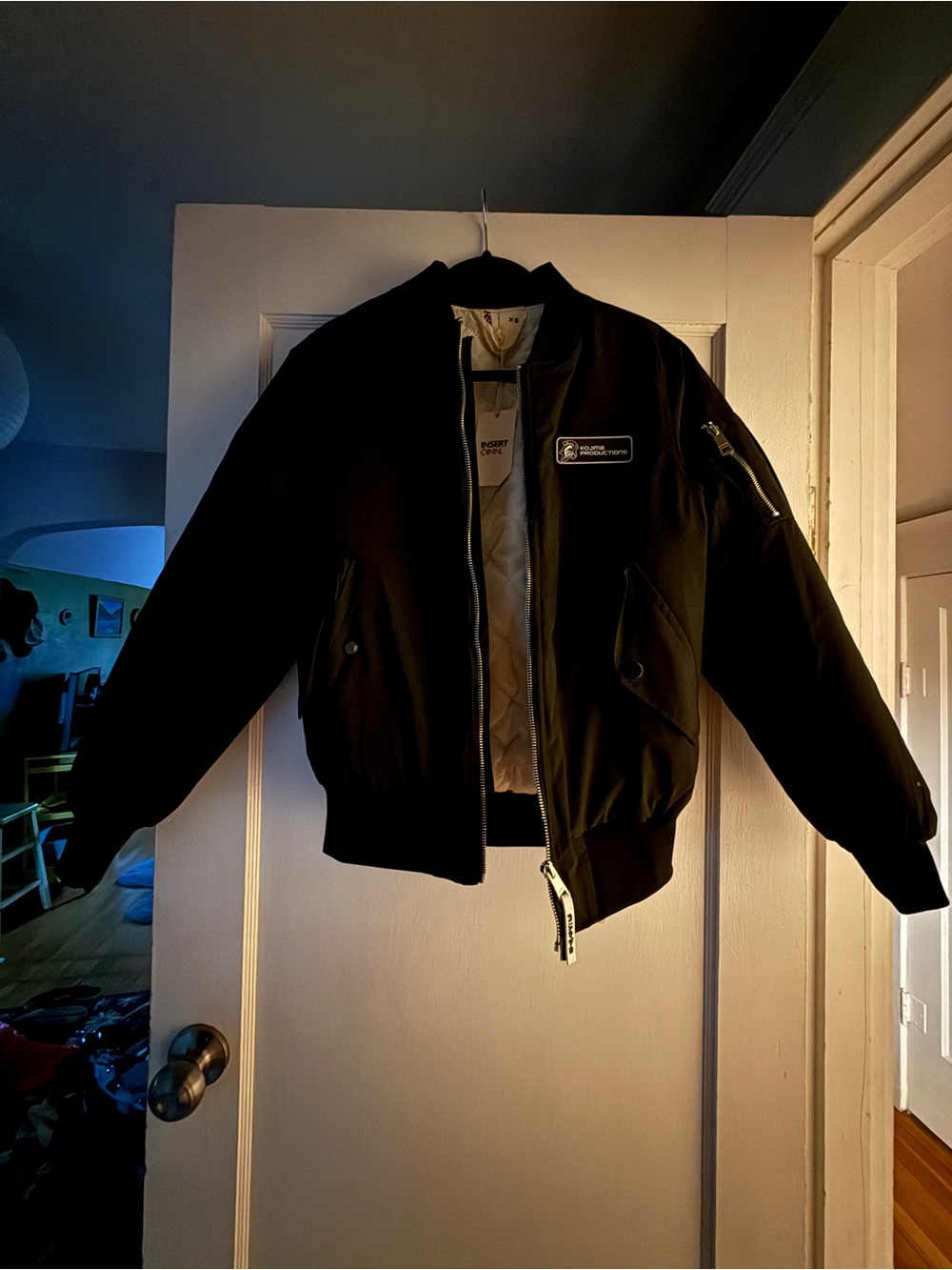 Men's Black Bomber Jacket with Patch Detail